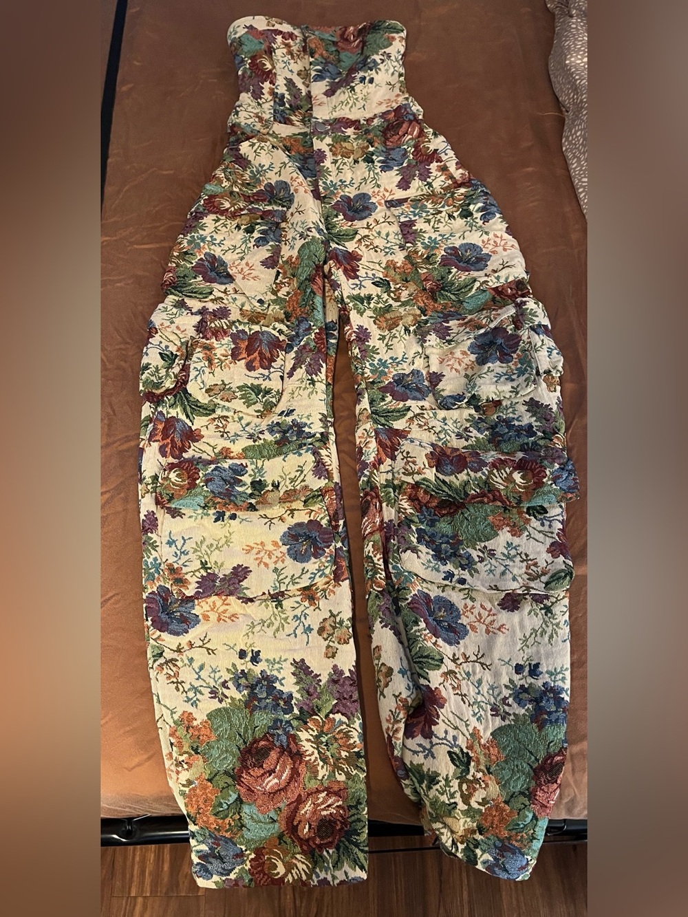 AKIRA In Her Element Strapless Cargo Jumpsuit Floral Brocade Wide Leg Sz S